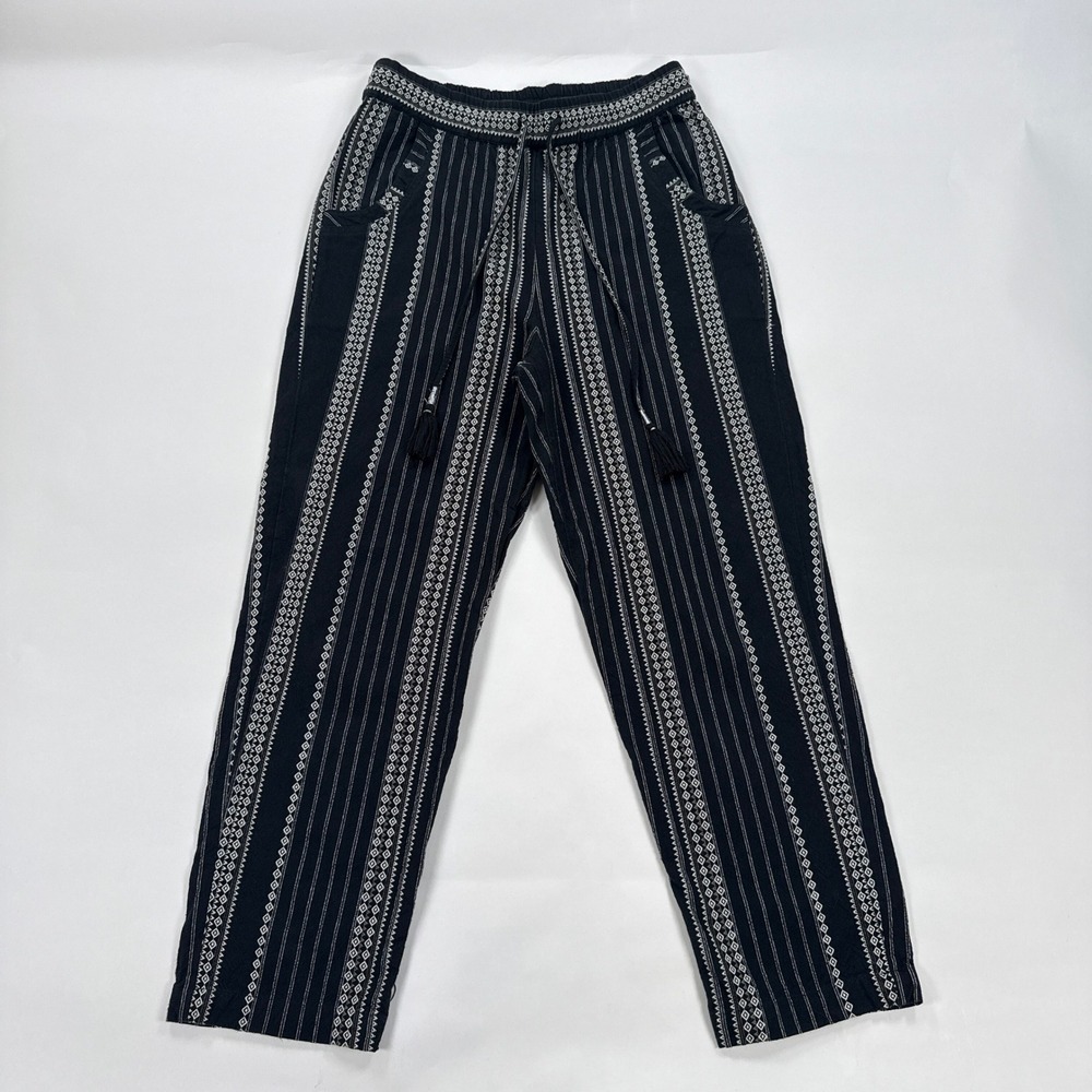 Anthropologie Womens Pants Small Black White Embroidered Tapered Boho Minimalist